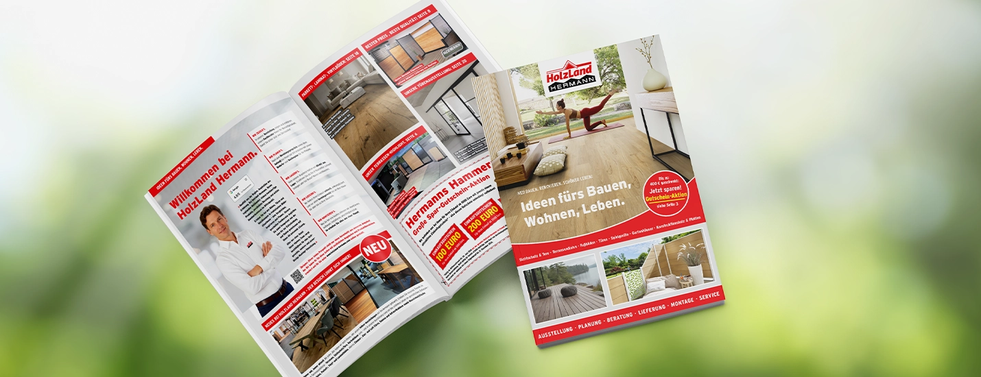 Geöffneter Gartenplaner von Holzland Hermann mit Wohnraum- und Terrassendielen, Produktfotos und Angeboten.